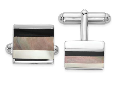 Rhodium Plated Sterling Silver, Onyx & White Grey MOP Cuff Links, 13mm Online now