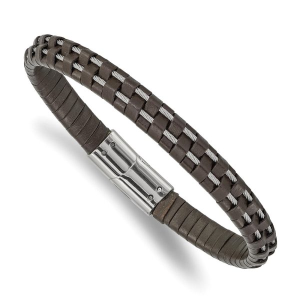 7.5mm Stainless Steel Cable & Black or Brown Leather Bracelet, 8.75 In Discount