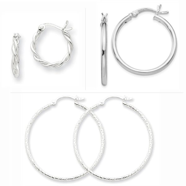 Twisted, Polished and Textured Silver Earring Hoop Set - 3 Pairs For Sale