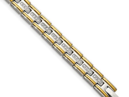 Mens 8mm Stainless Steel, Gold-Tone Plated & CZ Link Bracelet, 8.5 In Online Hot Sale