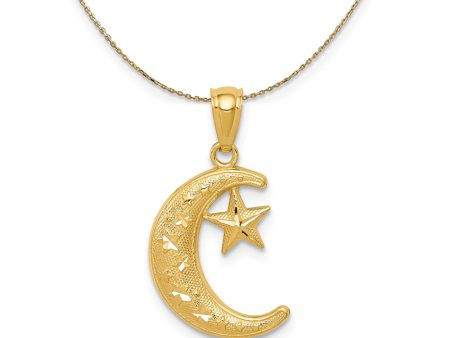 14k Yellow Gold Crescent Moon and Stars (22mm) Necklace Hot on Sale