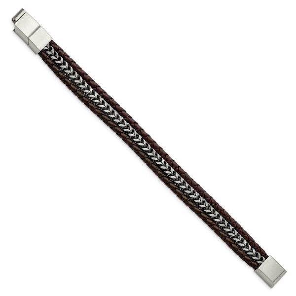 Stainless Steel Black or Brown Leather Strand Bracelet, 7.75-8.25 Inch Online Sale