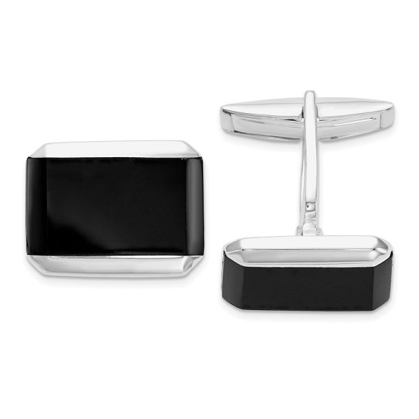 Rhodium Plated Sterling Silver & Black Onyx Cuff Links, 17 x 13mm on Sale