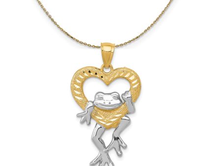 14k Yellow Gold and Rhodium Two Tone Frog and Heart Necklace For Cheap