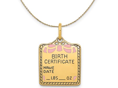 14k Yellow Gold Pink Enamel Birth Certificate (15m) Necklace For Sale