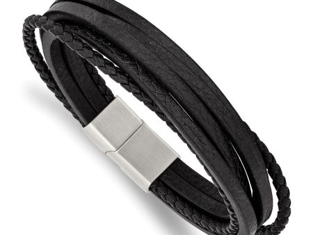 Stainless Steel & Genuine Leather Multi Strand Bracelet, 8 Inch Online Sale