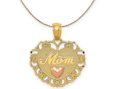 14k Two Tone Gold Mom Scroll Heart Necklace Online Hot Sale