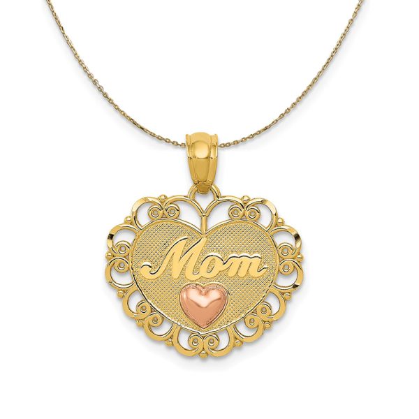 14k Two Tone Gold Mom Scroll Heart Necklace Online Hot Sale