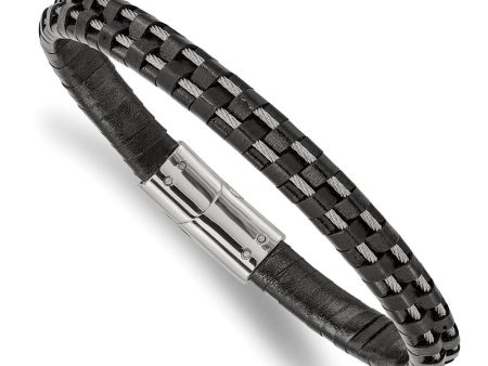 7.5mm Stainless Steel Cable & Black or Brown Leather Bracelet, 8.75 In Discount