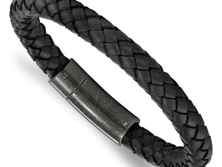 7.8mm Stainless Steel Black or Brown Braided Leather Bracelet, 8.25 In on Sale