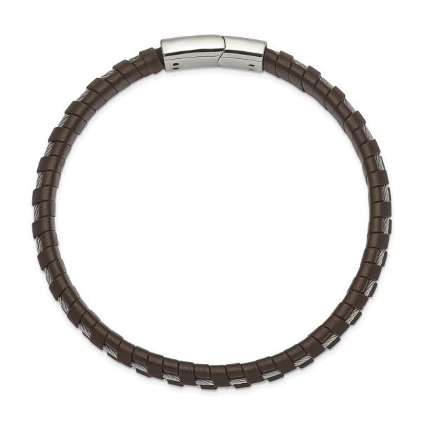 7.5mm Stainless Steel Cable & Black or Brown Leather Bracelet, 8.75 In Discount