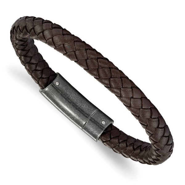 7.8mm Stainless Steel Black or Brown Braided Leather Bracelet, 8.25 In on Sale