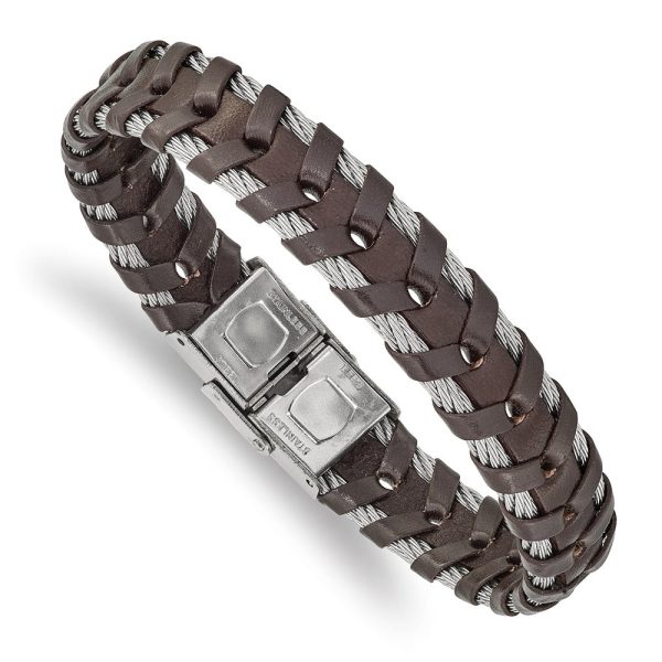 12.5mm Stainless Steel Cable & Black or Brown Leather Bracelet, 8.25in on Sale