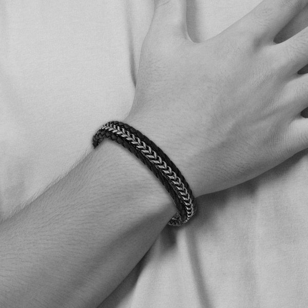 Stainless Steel Black or Brown Leather Strand Bracelet, 7.75-8.25 Inch Online Sale