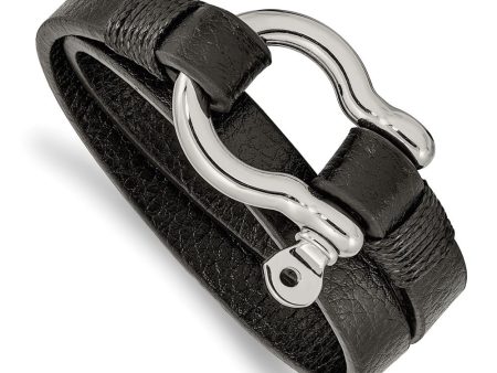 Stainless Steel, Black or Brown Leather Shackle Wrap Bracelet, 16 Inch Hot on Sale