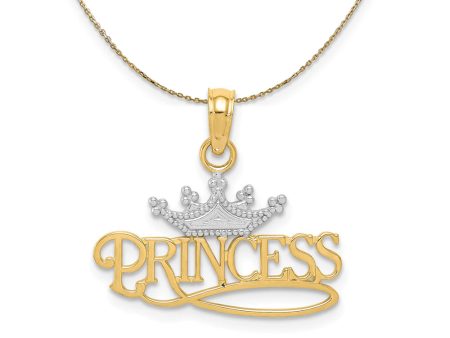 14k Yellow Gold & Rhodium Crown Princess Script Necklace For Discount