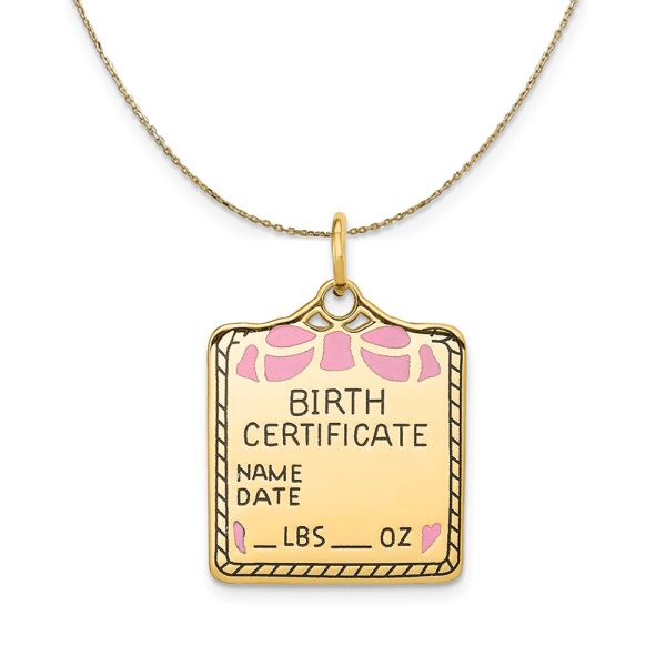 14k Yellow Gold Pink Enamel Birth Certificate (21m) Necklace Online Hot Sale