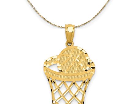 14k Yellow Gold Diamond Cut Basketball Hoop & Ball Necklace Cheap