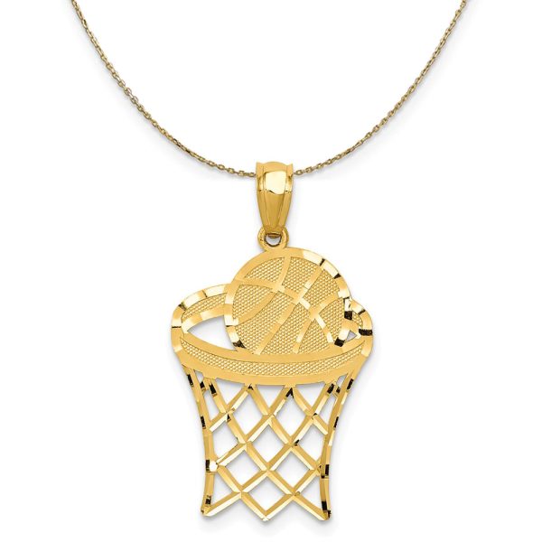 14k Yellow Gold Diamond Cut Basketball Hoop & Ball Necklace Cheap