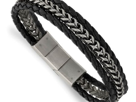 Stainless Steel Black or Brown Leather Strand Bracelet, 7.75-8.25 Inch Online Sale