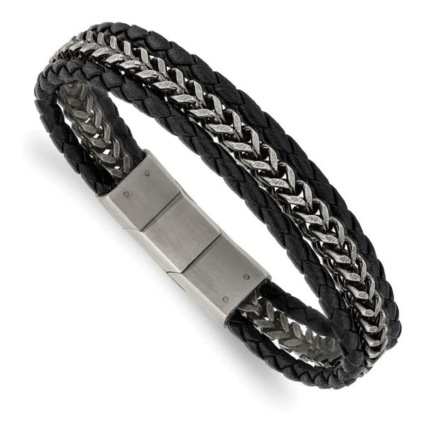 Stainless Steel Black or Brown Leather Strand Bracelet, 7.75-8.25 Inch Online Sale