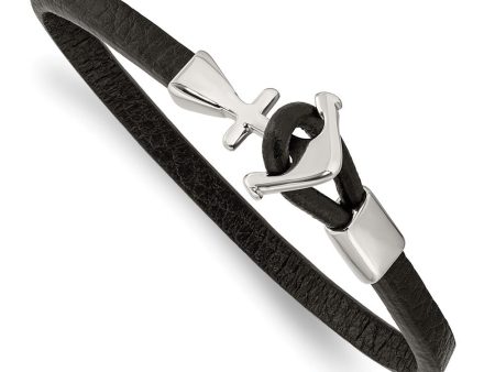 Women s Stainless Steel & Black Leather Anchor Toggle Bracelet, 8 Inch Sale