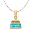 14k Yellow Gold Blue Enamel Happy Birthday Cake Necklace Cheap