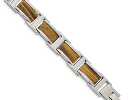 Men s 11mm Stainless Steel & Brown Tiger s Eye Link Bracelet, 8.5 Inch For Cheap