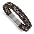 Stainless Steel Black or Brown Leather Strand Bracelet, 7.75-8.25 Inch Online Sale