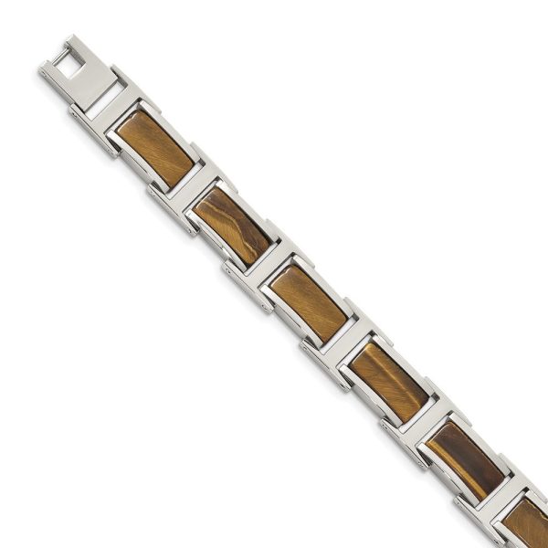 Men s 11mm Stainless Steel & Brown Tiger s Eye Link Bracelet, 8.5 Inch For Cheap