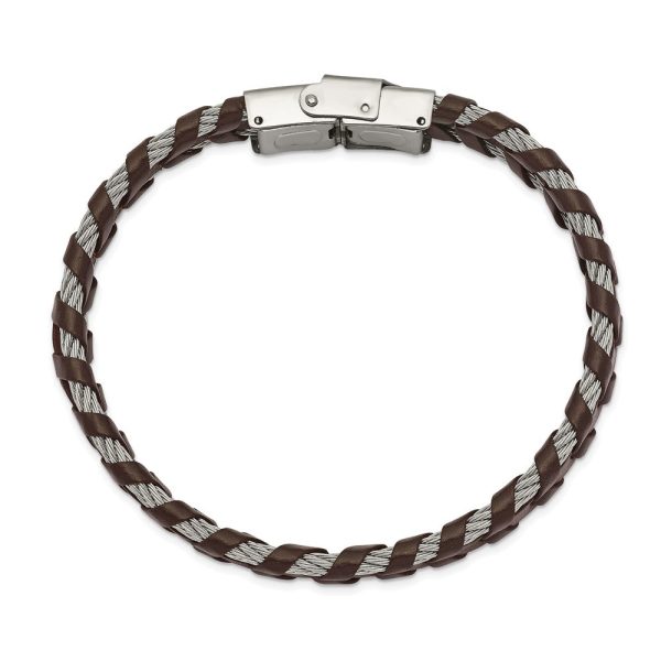 12.5mm Stainless Steel Cable & Black or Brown Leather Bracelet, 8.25in on Sale