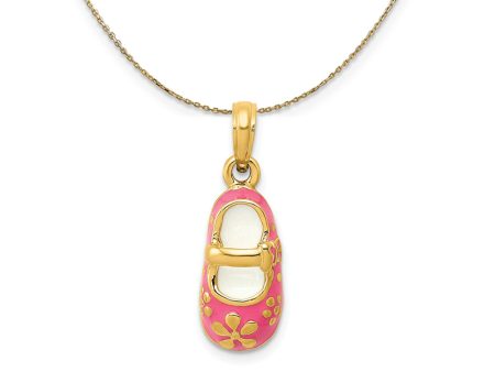 14k Yellow Gold and Enamel Pink Baby Shoe (7 x 22mm) Necklace Fashion