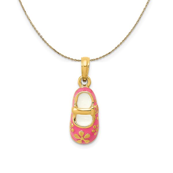 14k Yellow Gold and Enamel Pink Baby Shoe (7 x 22mm) Necklace Fashion