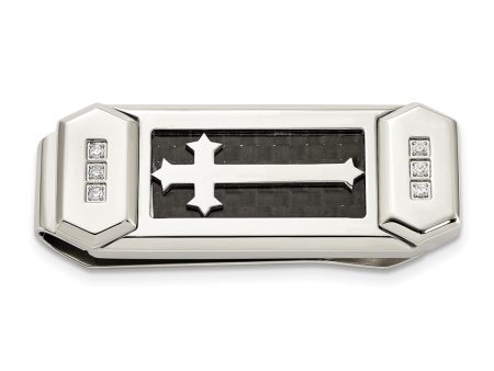 Stainless Steel, CZ & Black Carbon Fiber Cross Fold Over Money Clip Online