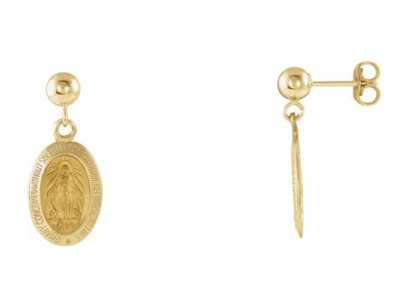 14K Yellow Gold Miraculous Medal Dangle Post Earrings, 9 x 21mm Supply