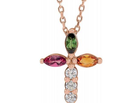 14K Gold Multi-Gemstone & 1 10 CTW Diamond Cross Necklace, 16-18 Inch Online