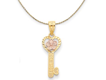 14k Two Tone Gold I Love You Heart with Flower Key Necklace on Sale