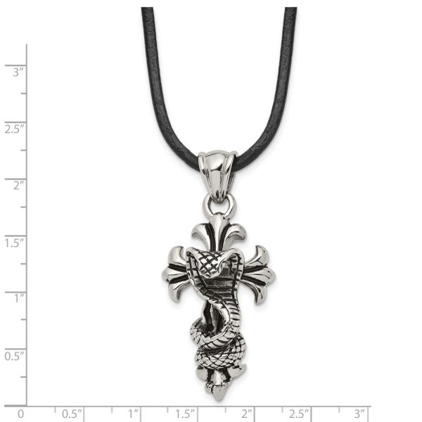 Men s Stainless Steel & Leather Antiqued Snake Cross Necklace, 20 Inch For Sale