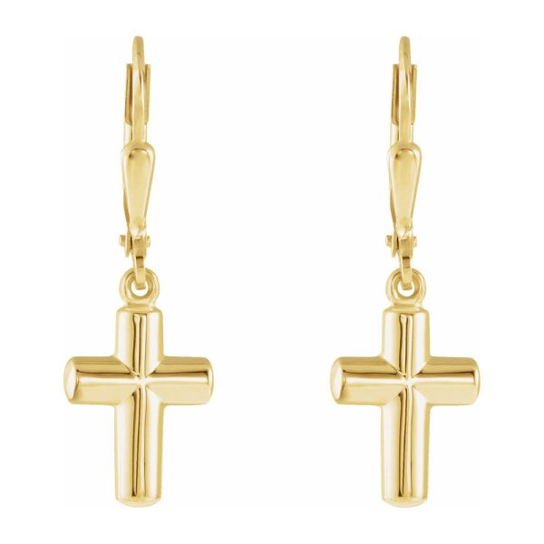 14K Yellow Gold Hollow Cross Lever Back Earrings, 9 x 31mm Supply