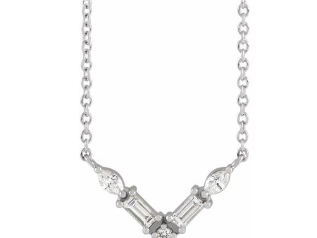 14K White Gold 1 6 CTW Diamond V Shaped Bar Necklace, 16 or 18 Inch Hot on Sale