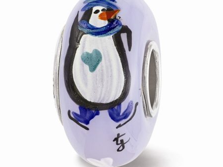 Fenton Blue Hand Painted Penguin Glass & Sterling Silver Bead Charm Cheap