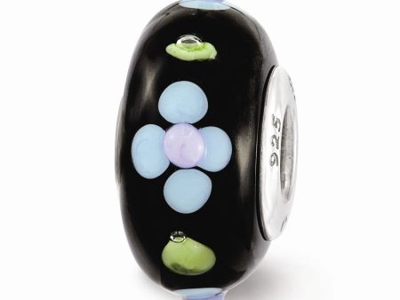 Fenton Black Blue Floral Glass & Sterling Silver Bead Charm Supply