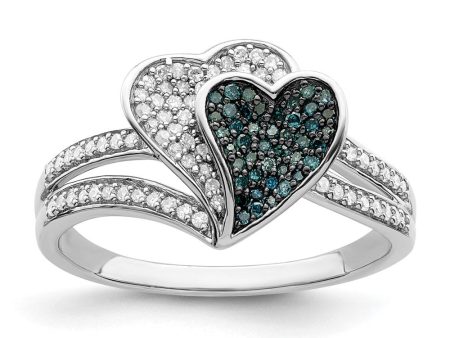 1 3 Ctw Blue & White Diamond Double Heart Ring in Sterling Silver For Sale