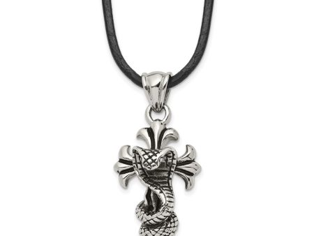 Men s Stainless Steel & Leather Antiqued Snake Cross Necklace, 20 Inch For Sale