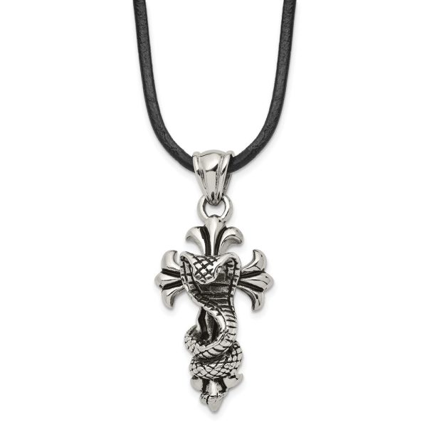 Men s Stainless Steel & Leather Antiqued Snake Cross Necklace, 20 Inch For Sale