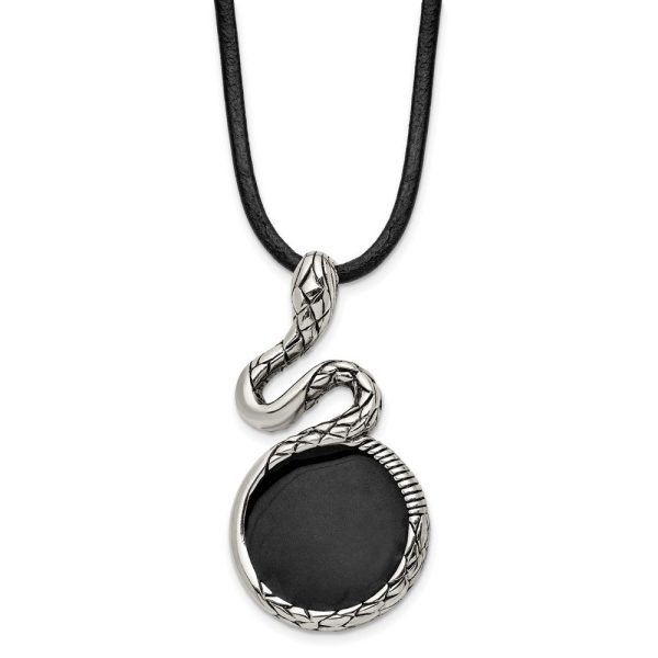 Men s Stainless Steel, Black Enamel & Leather Snake Necklace, 20 Inch Online now