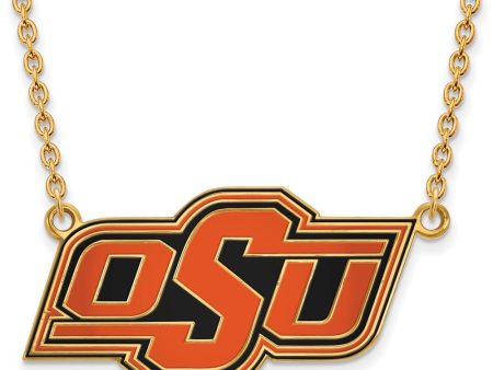 14k Gold Plated Silver Oklahoma State Lg OSU Enamel Necklace on Sale