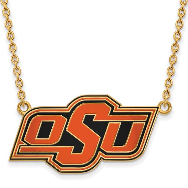 14k Gold Plated Silver Oklahoma State Lg OSU Enamel Necklace on Sale