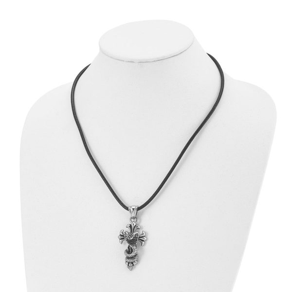 Men s Stainless Steel & Leather Antiqued Snake Cross Necklace, 20 Inch For Sale