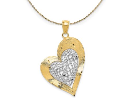 14k Two Tone Gold Satin and Diamond Cut Fancy Heart Necklace For Discount